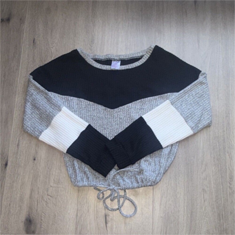 Women's Colorblock Knit Sweater Long Sleeve Drawstring Waist Gray Black White